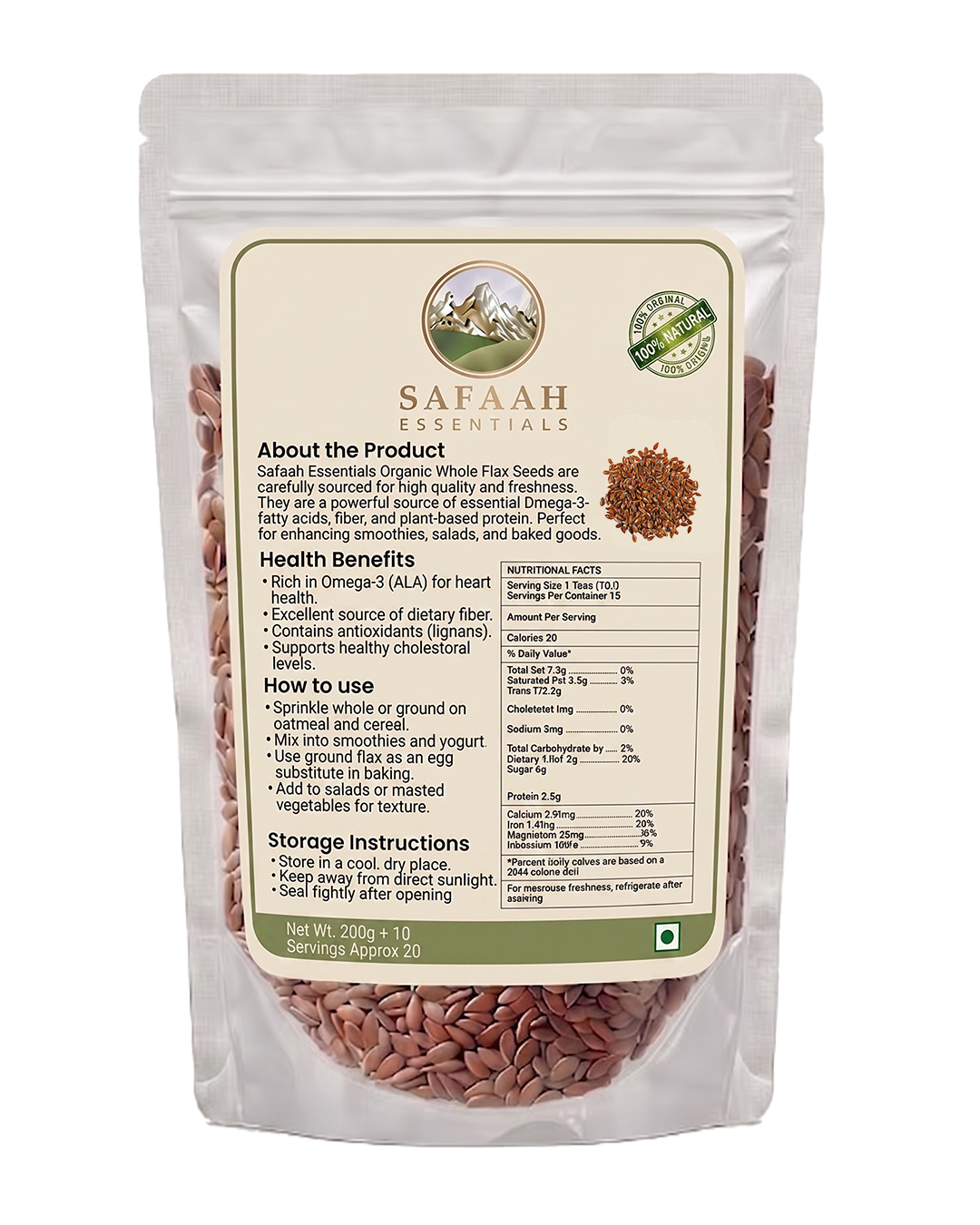 Safaah Essentials Premium Organic Flax Seeds (Alsi) | 100% Natural Superfood | Plant-Based