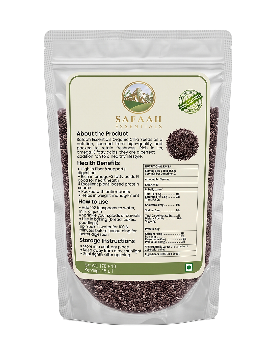 Safaah Essentials Premium Organic Chia Seeds (Tukhm-e-Sharbati) | 100% Natural Superfood | 170g