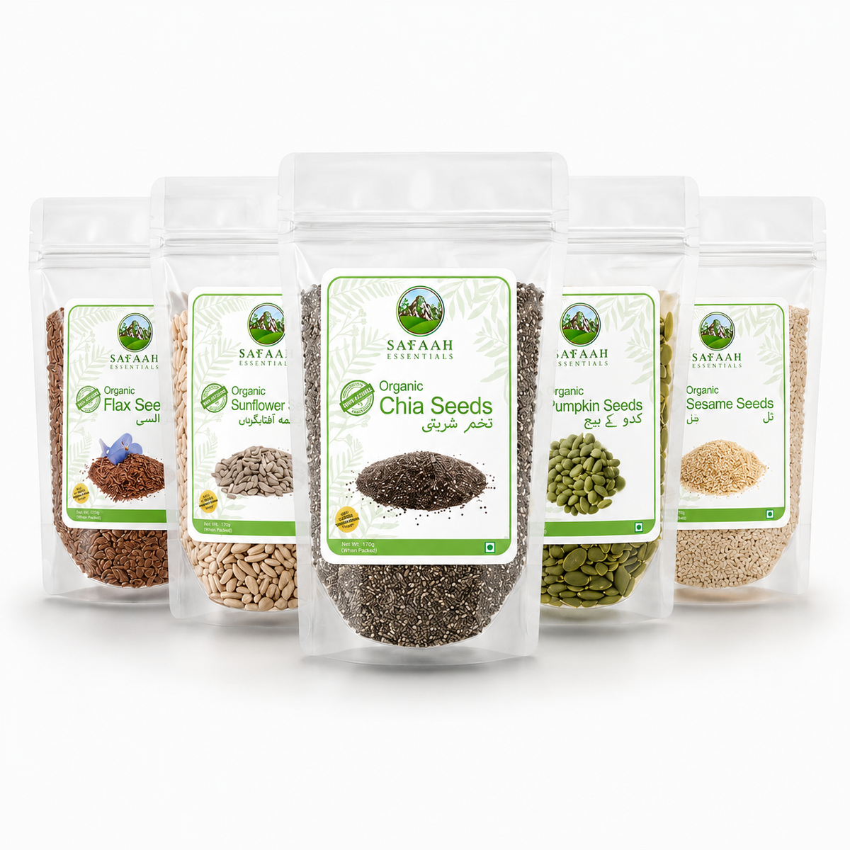 Safaah Essentials Complete Health Bundle | 5 Premium Organic Seeds | Chia, Flax, Sunflower, Pumpkin & Sesame | 850g